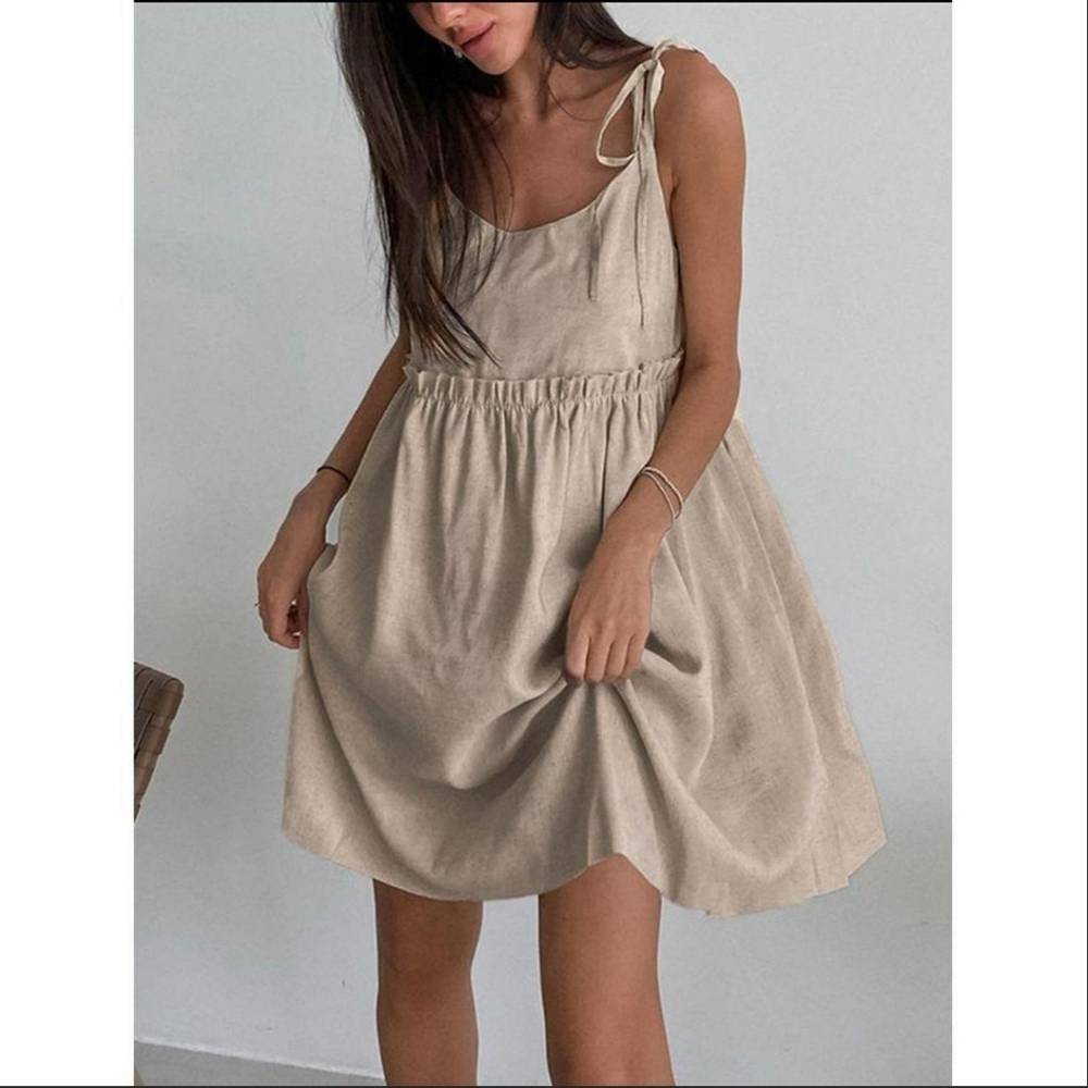 Commense Beige Sleeveless Dress Boho Cotton Linen Women's XS Classic